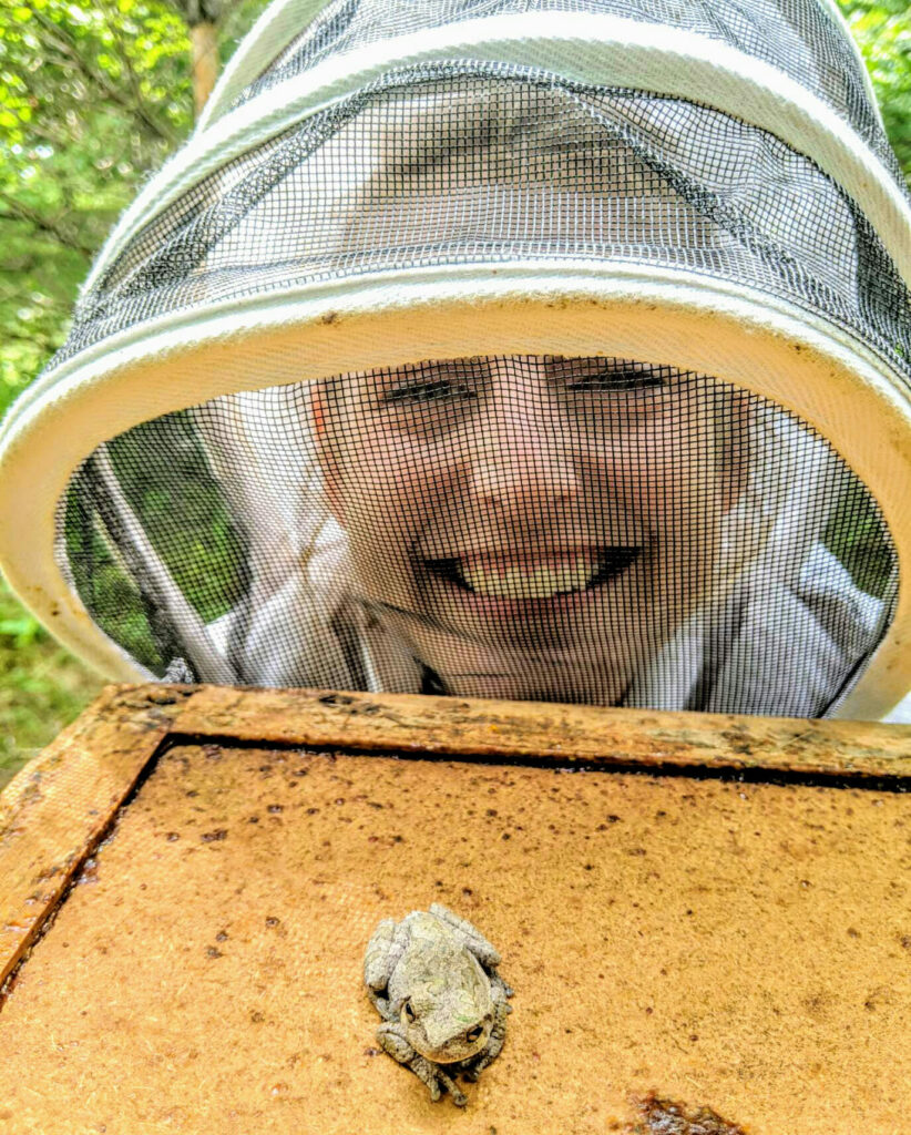 A frog sits on a bee box while Kristen Clark smiles in her beekeeping suite in the background. 