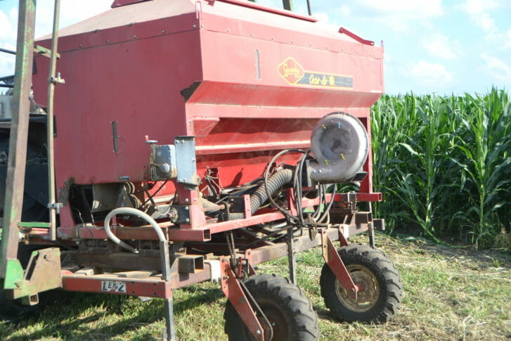 Old spray equipment modified as an air seeder, used to seed cover crops at Kirk's farm in early June.