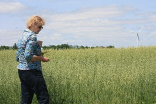 ISU researcher and PFI farmer Margaret Smith shows her oat field to attendees at a field day in 2015.
