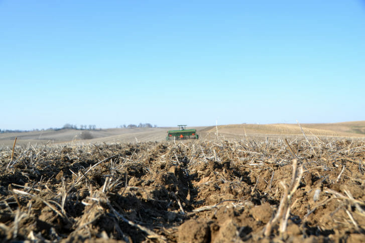 Vic Madsen no-tills oats into soybean stubble.