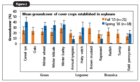 Average groundcover of cover crops in fall and spring across all sites where cover crops were established in standing soybeans in 2015. Error bars above and below columns represent 90% confidence intervals.