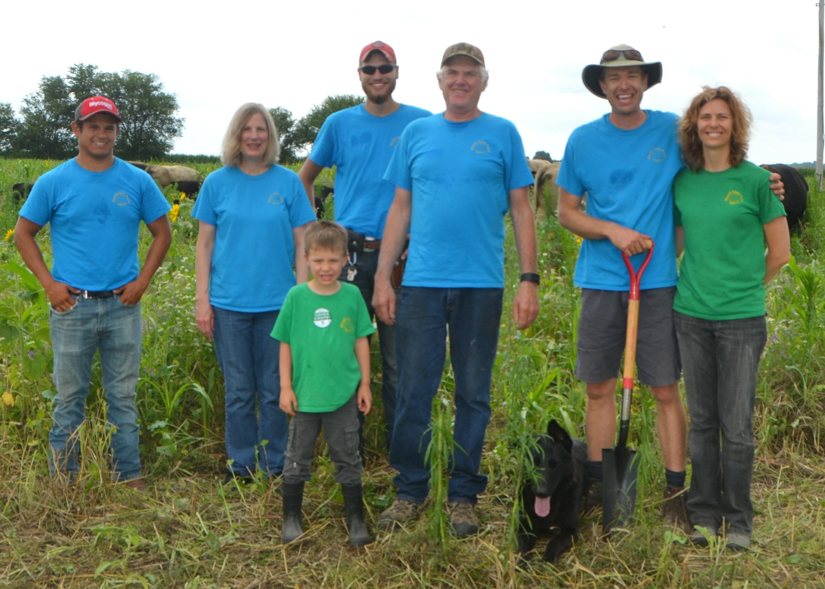 The crew at Maple Edge Farm. From left to right: Noe Guzman, Nancy Bakehouse, Anderson Bakehouse, Cameron Prouse, Bach Bakehouse, Jon Bakehouse and Tina Bakehouse.