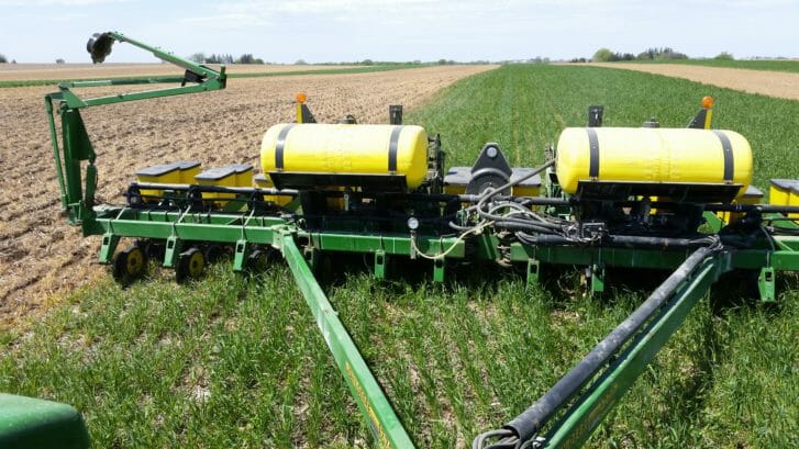 Dick Sloan planting corn into a "green" cover crop on May 5, 2016. The cover crop was terminated on May 3 and amounted to 1,985 lb/ac of aboveground biomass.