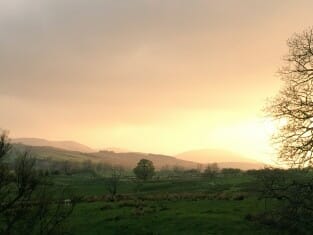 sunset on James Rebanks' farm -- photo from James Twitter account, @herdyshepherd1